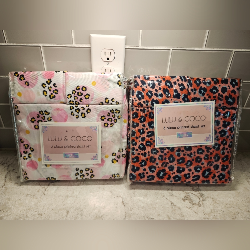 2 Sets Of Lulu & Coco Pink BLK White Animal Print 3 Piece Full Sheet Sets MWT
